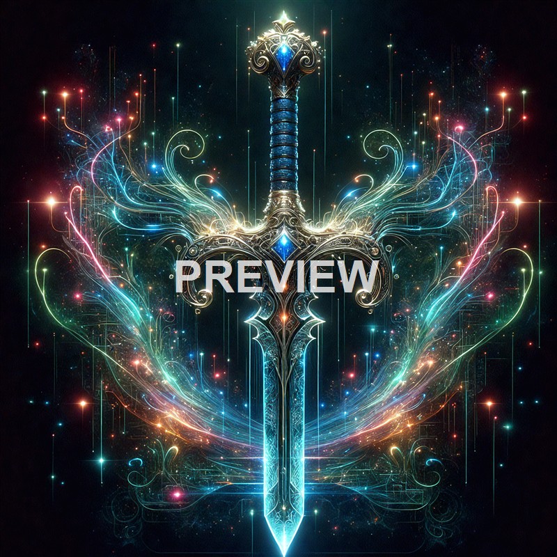A luminous, ornate sword with intricate designs and glowing accents, surrounded by colorful, swirling light trails against a dark background.